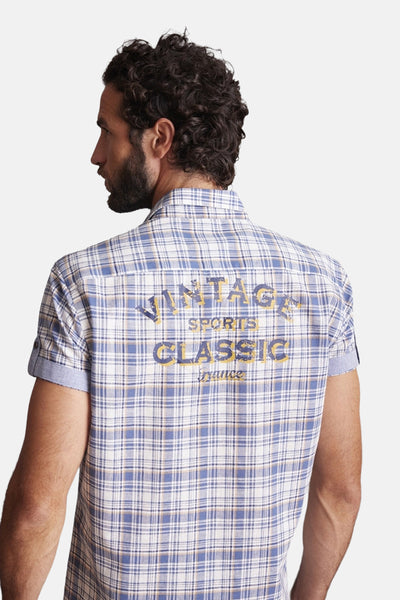 Blauw geruit overhemd met lange mouwen van DELAHAYE, met decoratieve print op de rug.