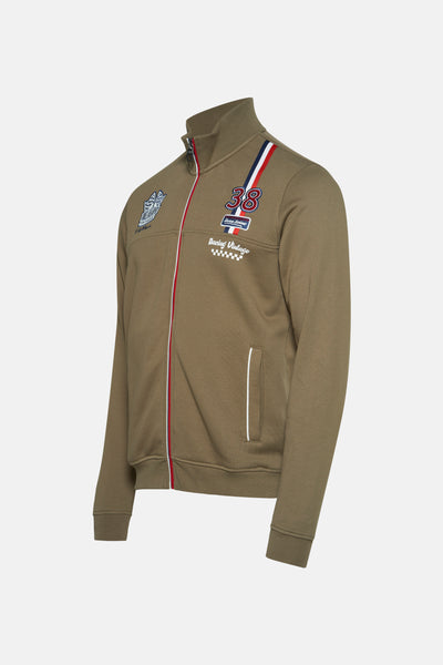 Kaki trainingsjack van DELAHAYE, met ritssluiting, driekleurige strepen en decoratieve badges.