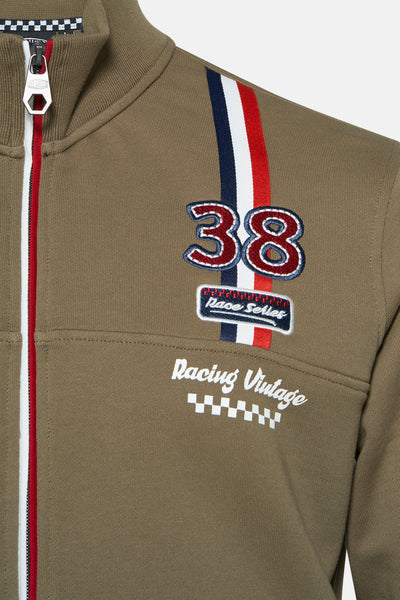 Gilet de survêtement kaki de DELAHAYE, avec rayures tricolores et motif brodé "Racing Vintage".
