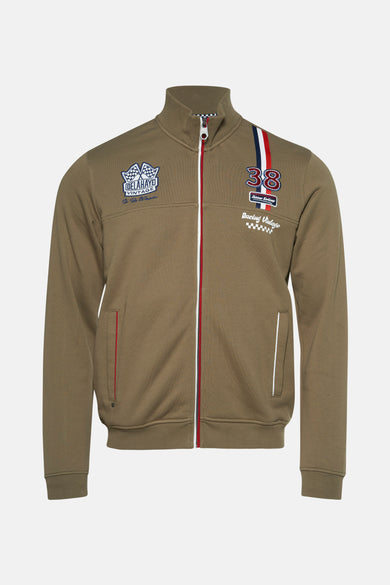 Kaki gilet van DELAHAYE, met verticale streep, logo-borduursel en twee paspelzakken.