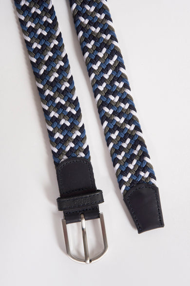 Multikleurig gevlochten riem van DELAHAYE met zilverkleurige metalen gesp en zwarte leren afwerkingen.