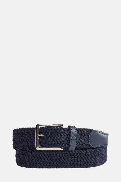 Marineblauwe gevlochten riem van DELAHAYE, met zilverkleurige gesp en blauwe leren afwerkingen.