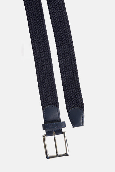 Ceinture bleu marine en maille tressée de DELAHAYE, avec boucle argentée et finitions en cuir bleu.