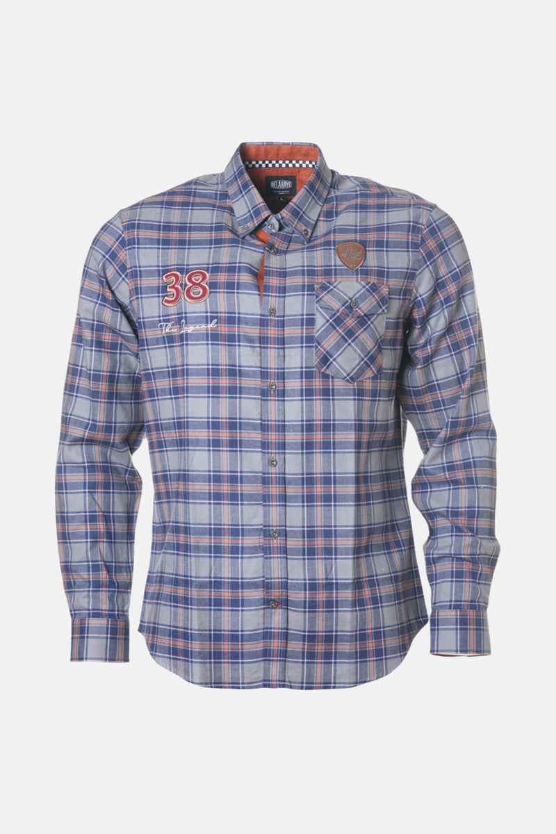 Chemise à carreaux multicolore de DELAHAYE, avec badge décoratif, numéro 38 brodé et doublure de col contrastée.