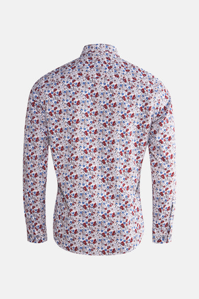 Chemise multicolore de DELAHAYE avec motif floral rouge et bleu, vue de dos.
