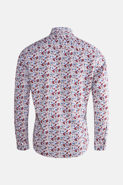 Chemise multicolore de DELAHAYE avec motif floral rouge et bleu, vue de dos.
