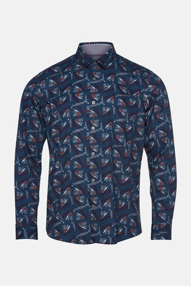 Chemise bleue imprimée par DELAHAYE avec motif géométrique abstrait et manches longues.