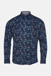 Chemise bleue imprimée par DELAHAYE avec motif géométrique abstrait et manches longues.