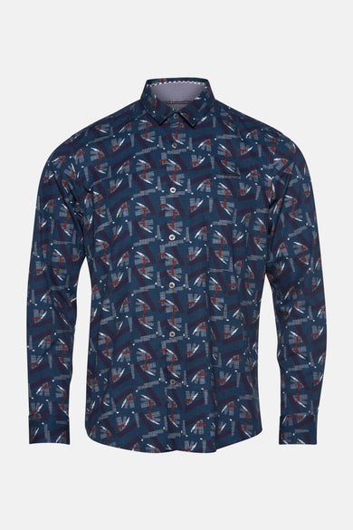 Chemise bleue imprimée par DELAHAYE avec motif géométrique abstrait et manches longues.