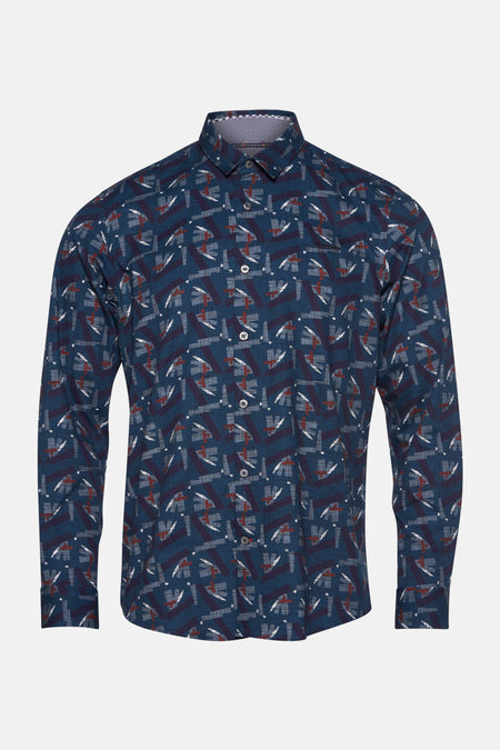Blauw overhemd van DELAHAYE met complex geometrisch patroon en zichtbare knopen.