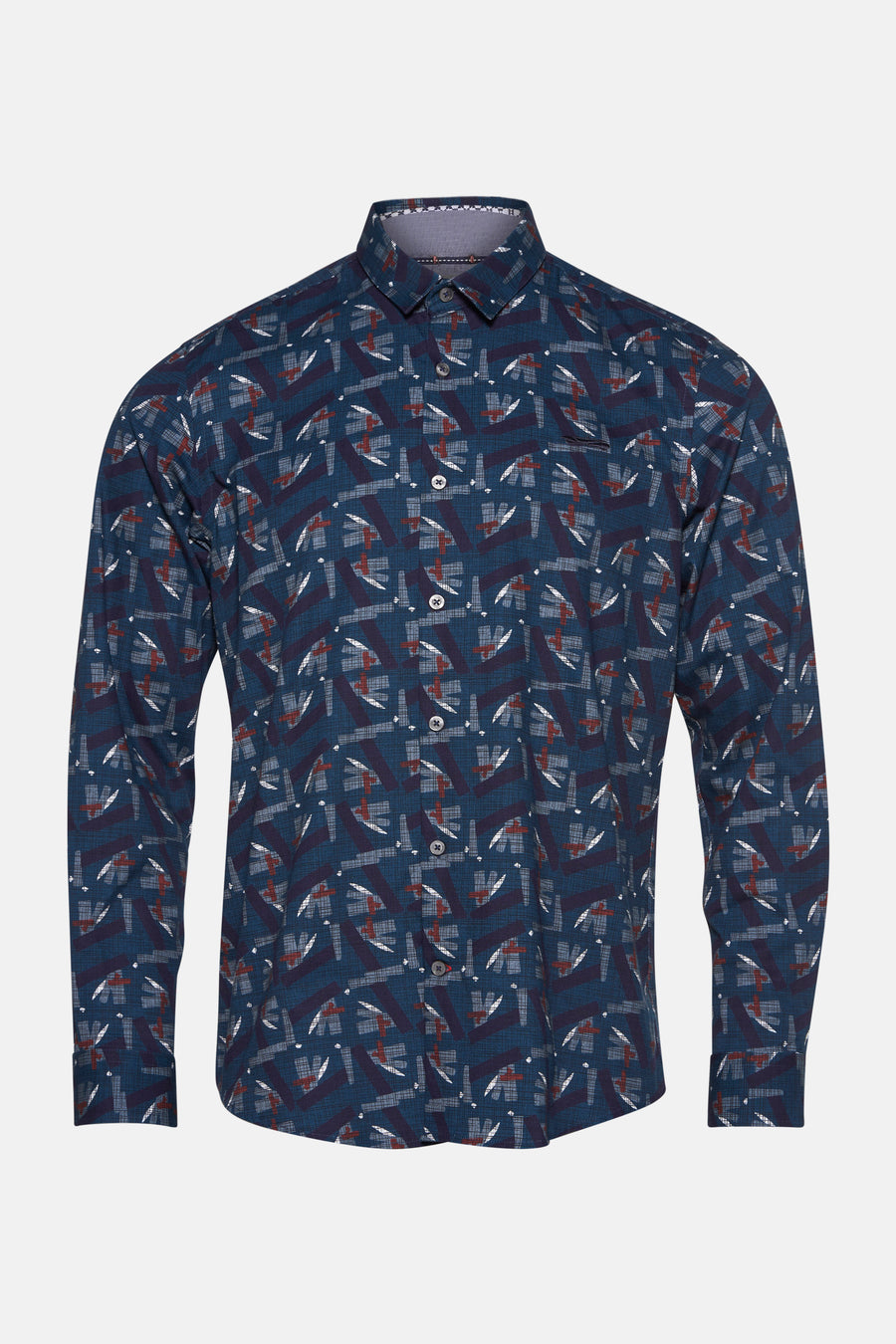 Chemise bleue imprimée par DELAHAYE avec motif géométrique abstrait et manches longues.