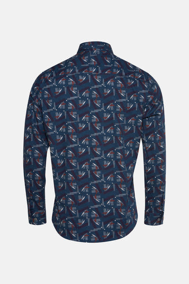 Chemise bleue à motifs géométriques par DELAHAYE, vue de dos, avec manches longues.
