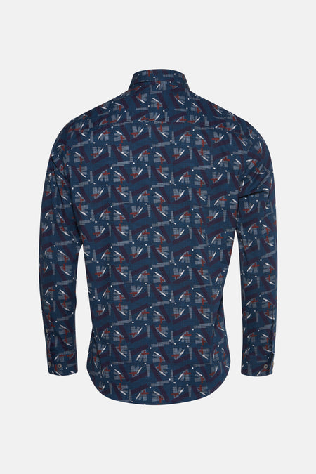 Blauw overhemd met geometrische patronen van DELAHAYE, achterzijde, met lange mouwen.