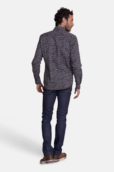 Blue patterned long-sleeve chemise from back view, featuring textured fabric and classic fit, worn with dark jeans and brown shoes