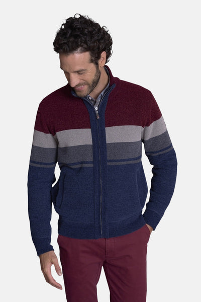Gilet multicolore de DELAHAYE, à rayures horizontales bordeaux, gris et bleu marine, porté sur une chemise claire et un pantalon bordeaux.