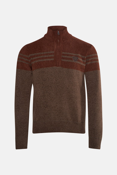 Pull marron à col zippé de DELAHAYE, rayures horizontales et écusson décoratif sur la poitrine.