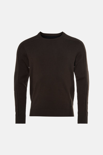 Brown crewneck sweater with ribbed shoulders and sleeves, front view, textured knit fabric