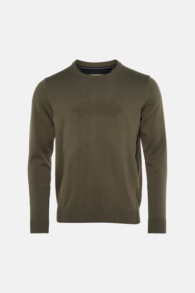 Olive green ribbed long-sleeve crewneck sweater with striped inner collar, front view