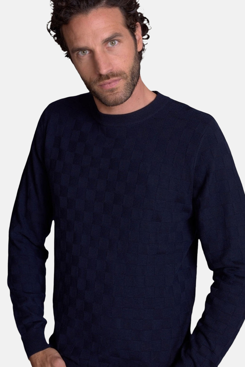 Navy blue long-sleeve polo with textured checkered pattern, ribbed crew neckline, front view on model