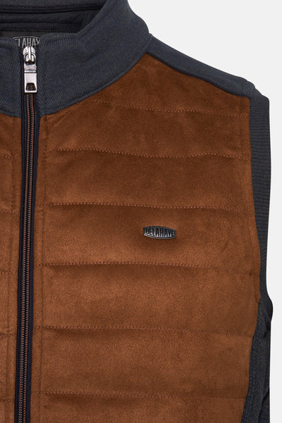 Veste marron en suédine de DELAHAYE, fermeture à glissière centrale, style matelassé.