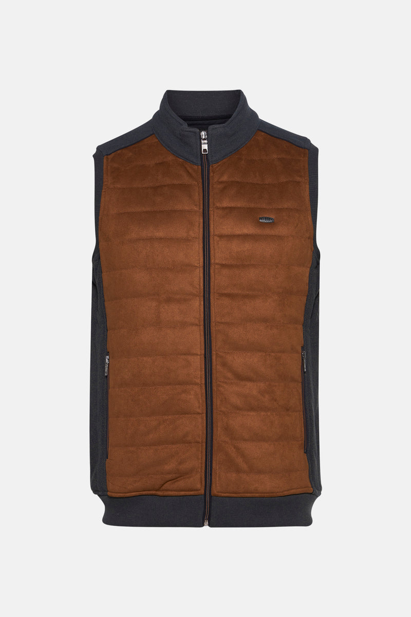 Veste marron de DELAHAYE, sans manches avec fermeture éclair, empiècements gris anthracite.