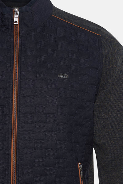 Veste bleue de DELAHAYE avec motif quadrillé et détails marron contrastants