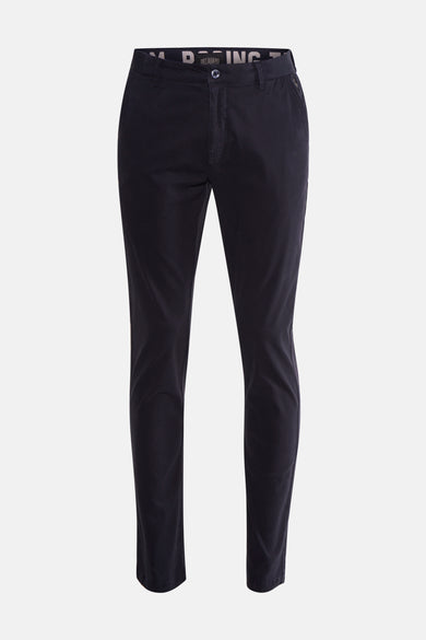 Pantalon bleu de DELAHAYE, coupe ajustée, avec détails de la ceinture intérieure visible.