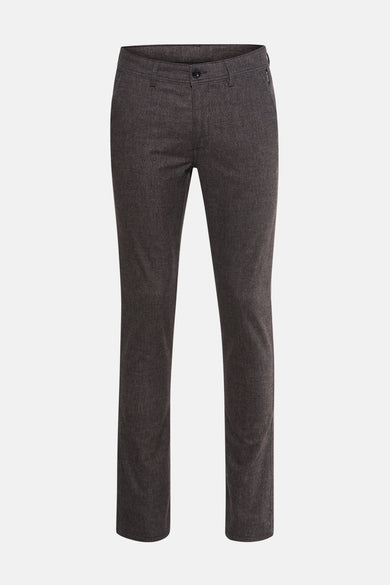 Pantalon taupe de DELAHAYE, coupe droite, en tissu texturé avec fermeture boutonnée.