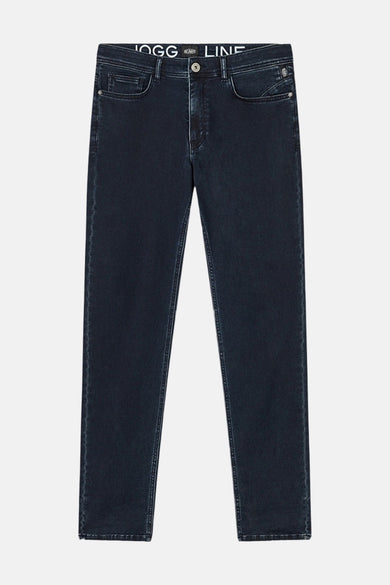 Pantalon bleu foncé par DELAHAYE, coupe droite classique avec logo à la taille.