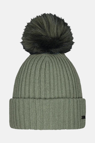 Bonnet vert de BARTS avec un pompon décoratif sur le dessus.
