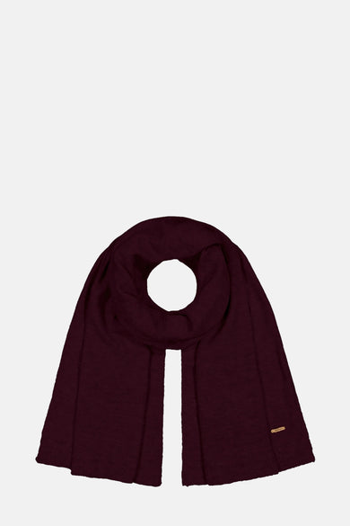Écharpe bordeaux de Barts, texture tricotée douce, présentée nouée sur fond clair.
