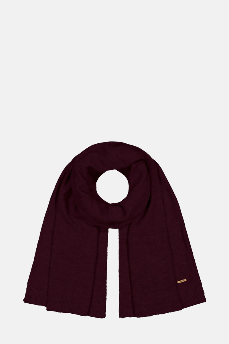 Écharpe bordeaux de Barts, texture tricotée douce, présentée nouée sur fond clair.
