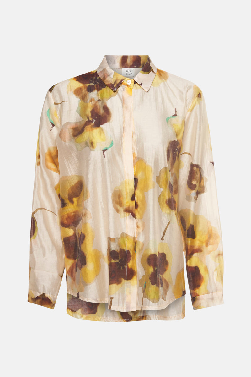 Beige lange mouwen blouse van Terra di Siena met geel en bruin bloemenpatroon.