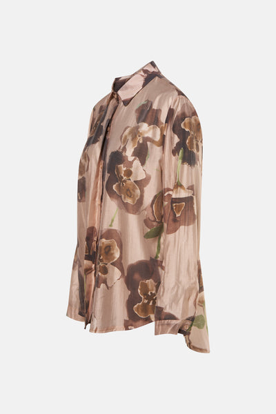 Chemise à manches longues marron de Terra di Siena, avec un motif floral abstrait et des détails subtils.
