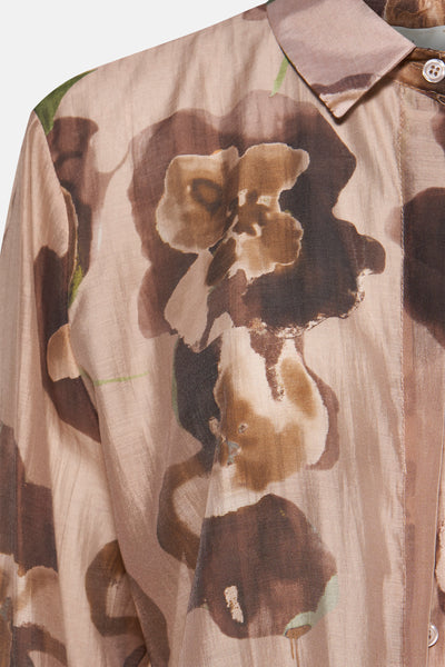 Bruin overhemd met lange mouwen van Terra di Siena, met een bloemenprint en een knoopsluiting aan de voorkant.