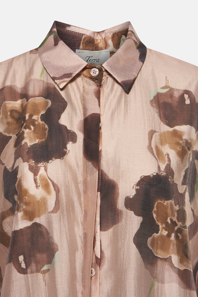 Bruin overhemd met lange mouwen van Terra di Siena met een bloemenprint.