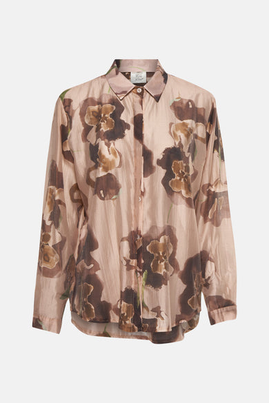 Chemisier à manches longues marron de Terra di Siena avec motif floral imprimé.
