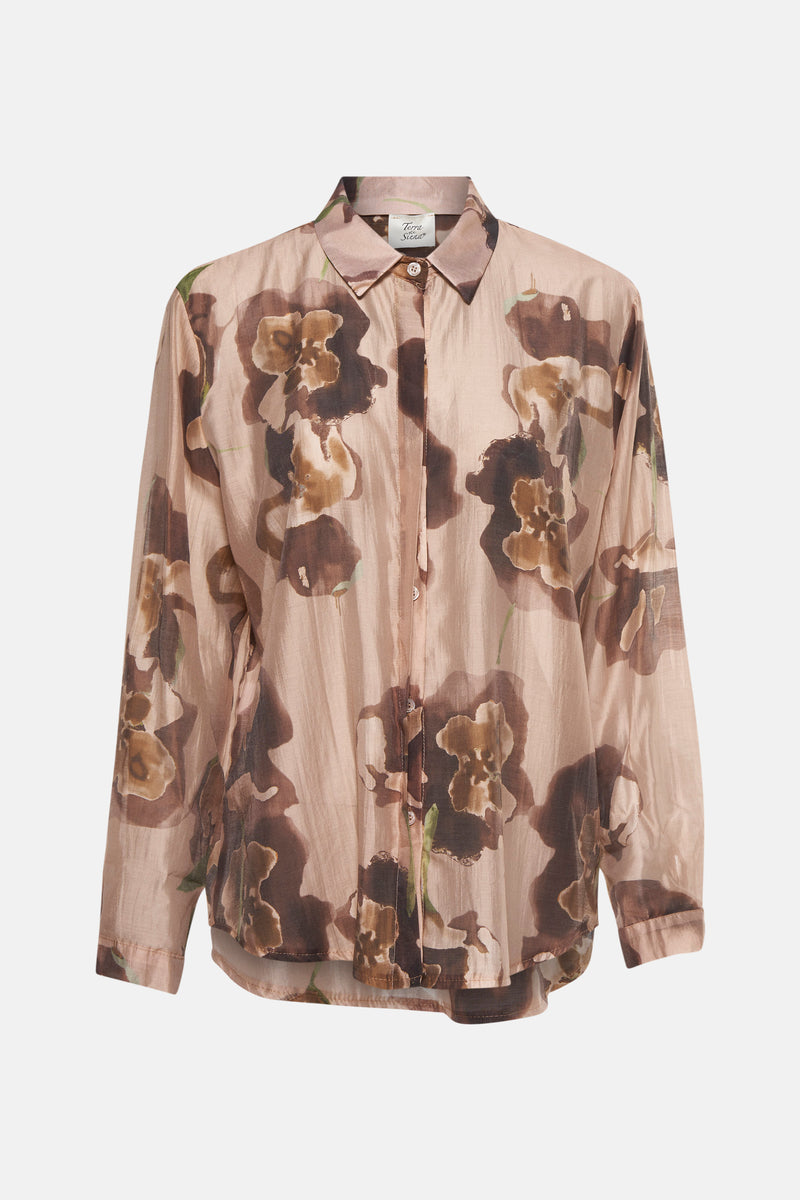 Chemisier à manches longues marron de Terra di Siena avec motif floral imprimé.