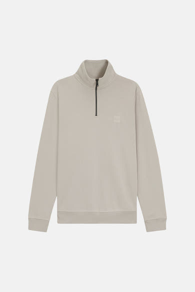 Sweat à col montant gris par BOSS ORANGE avec fermeture éclair courte et logo ton sur ton.
