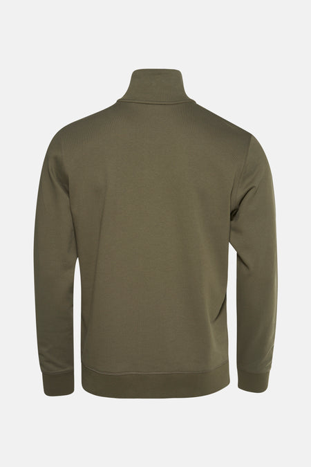Kaki sweat met opstaande kraag van BOSS ORANGE, achterzijde, met een gladde textuur en geribbelde manchetten.