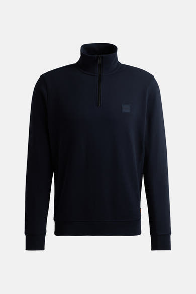 Marineblauwe sweat-shirt met opstaande kraag van BOSS ORANGE, met gedeeltelijke ritssluiting en vierkant ton-sur-ton logo.