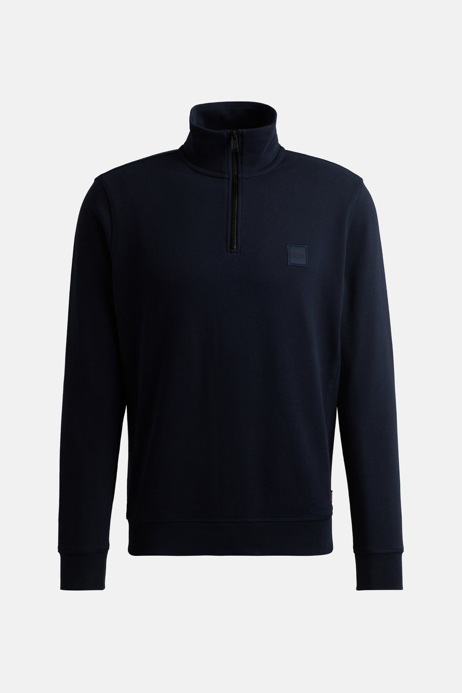 Marineblauwe sweat-shirt met opstaande kraag van BOSS ORANGE, met gedeeltelijke ritssluiting en vierkant ton-sur-ton logo.