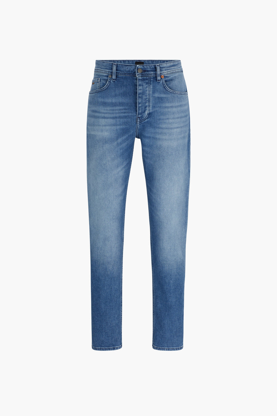 Taps toelopende jeans in middinblauw denim van BOSS ORANGE, met oranje stikseldetails.
