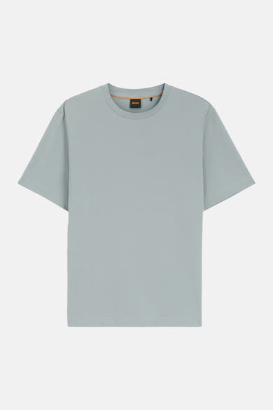 Grey short-sleeve t-shirt by BOSS with subtle logo on chest and orange inner collar trim, front view