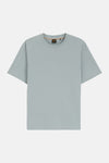 Grey short-sleeve t-shirt by BOSS with subtle logo on chest and orange inner collar trim, front view
