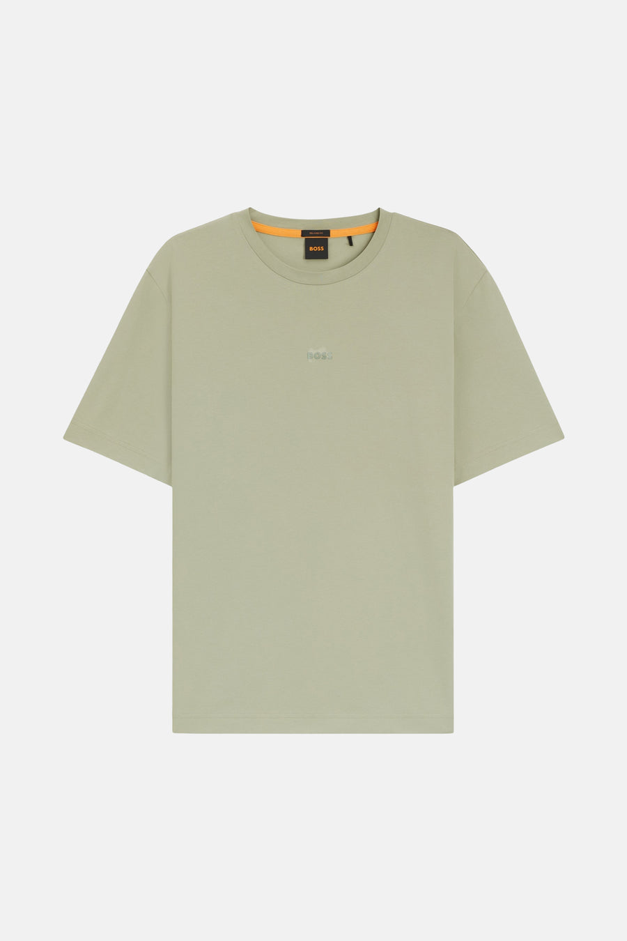 T-shirt à manches courtes vert de BOSS, avec un col rond à bordure orange.