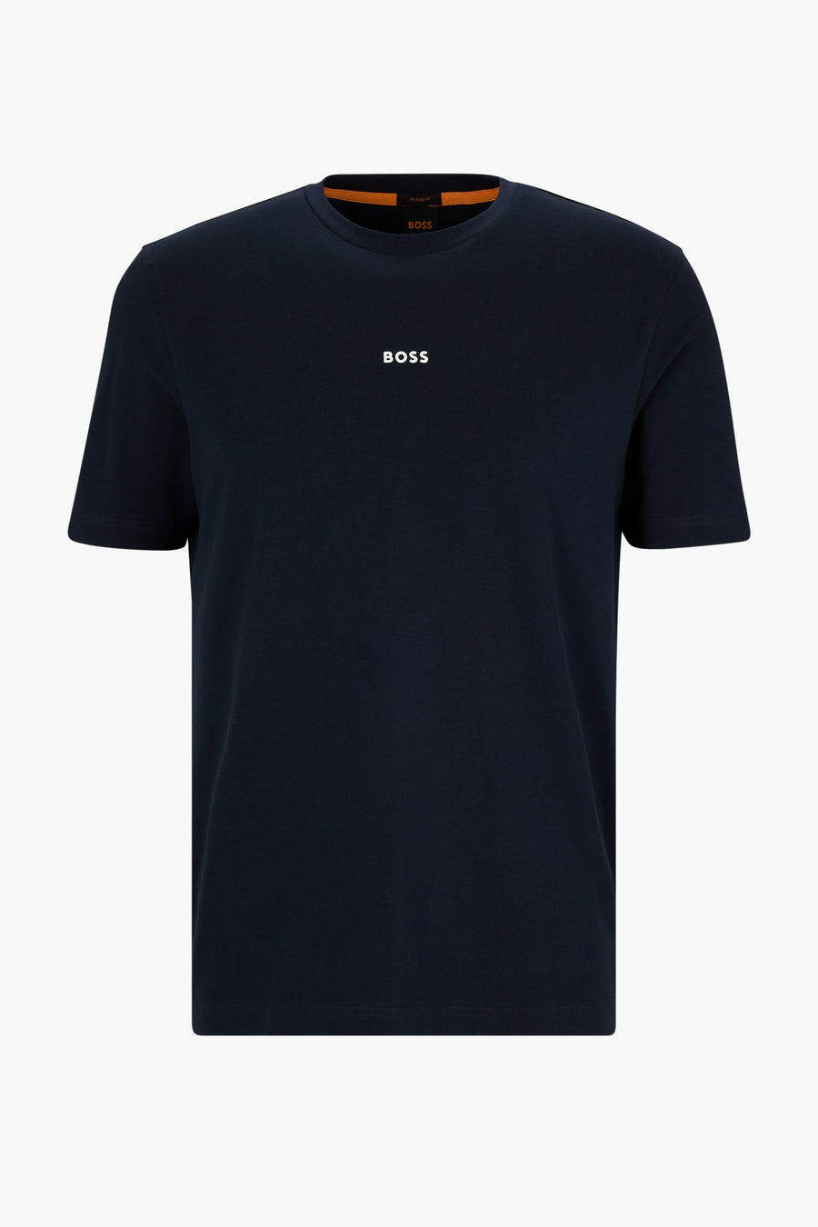 T-shirt à manches courtes bleu marine de BOSS ORANGE, avec le logo centré et col orange.

