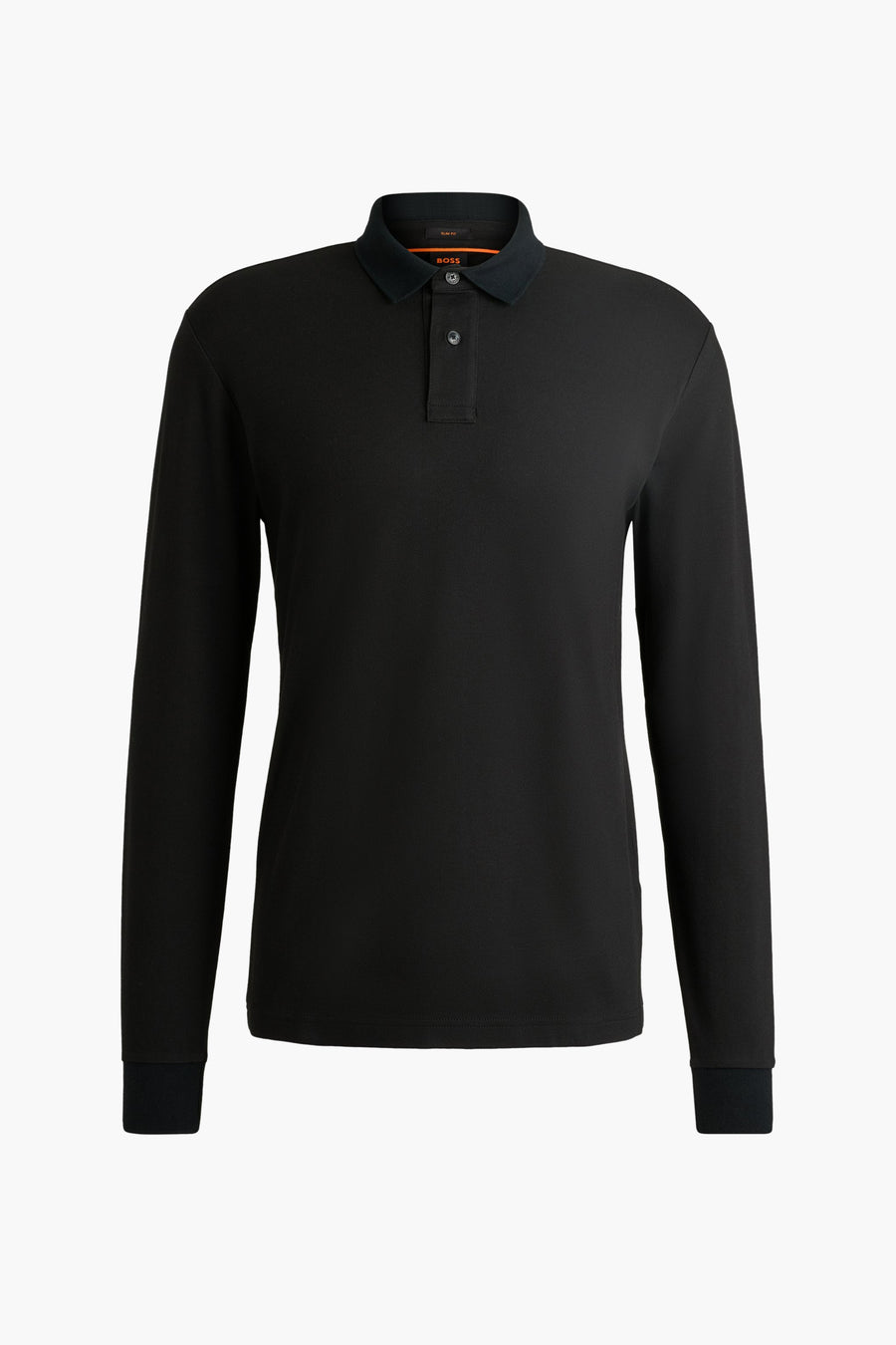 Zwarte polo met lange mouwen van BOSS Orange, met donkere kraag en manchetten.