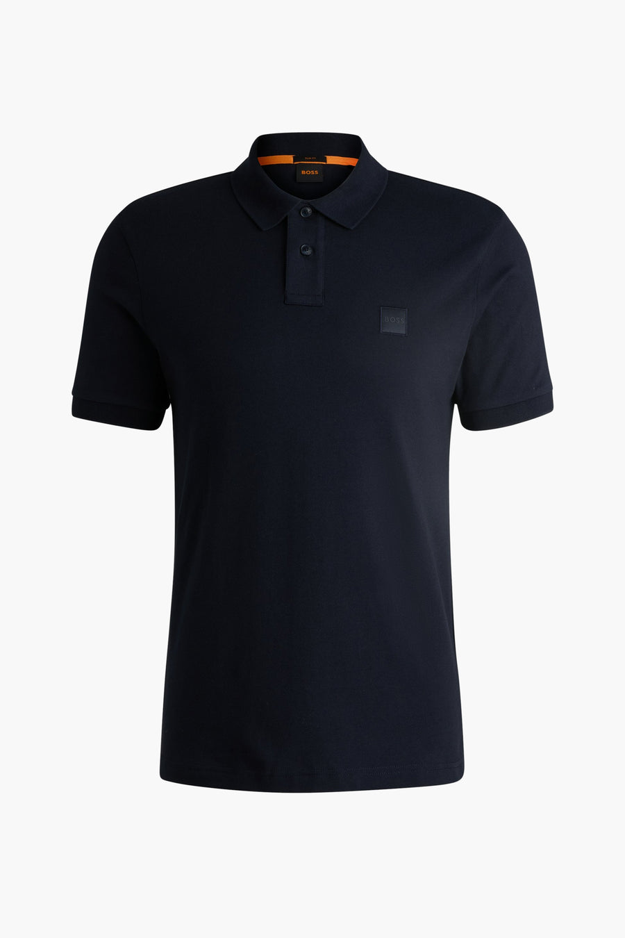 Polo bleu marine à manches courtes de BOSS, avec un col intérieur orange et logo ton sur ton.
