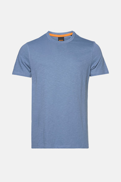 T-shirt à manches courtes bleu, de BOSS ORANGE, avec une encolure orange contrastante.
